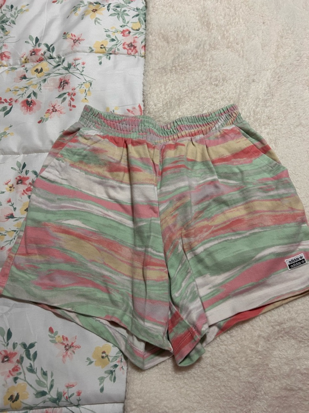 adidas Pastel Stripe Athletic Shorts in Pink, Green, Cream
